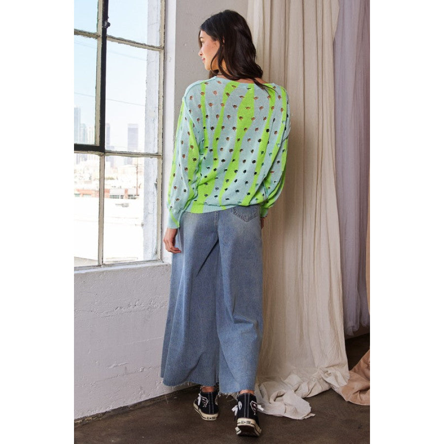 Davi & Dani Two-Tone Ribbed Hem Openwork Knit Top Apparel and Accessories