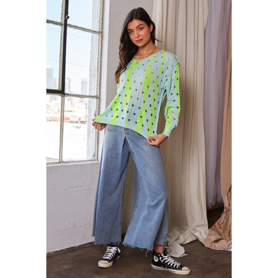 Davi & Dani Two-Tone Ribbed Hem Openwork Knit Top Apparel and Accessories