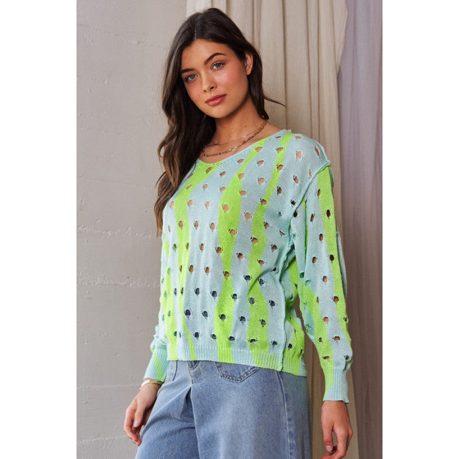 Davi & Dani Two-Tone Ribbed Hem Openwork Knit Top Gum Leaf / S Apparel and Accessories