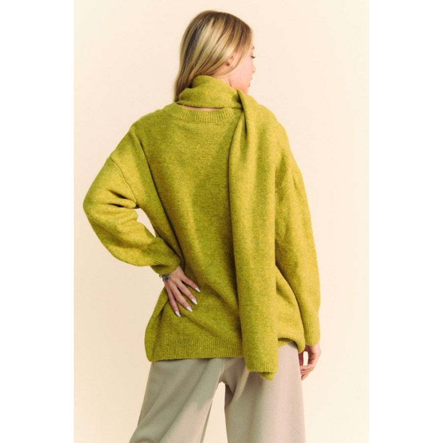 Davi & Dani V-Neck Dropped Shoulder Sweater with Scarf Apparel and Accessories