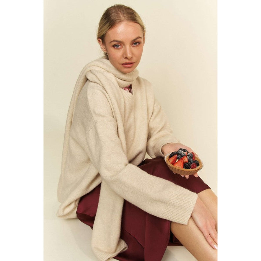 Davi & Dani V-Neck Dropped Shoulder Sweater with Scarf Apparel and Accessories