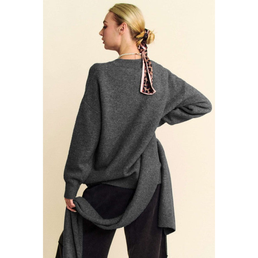 Davi & Dani V-Neck Dropped Shoulder Sweater with Scarf Set Apparel and Accessories