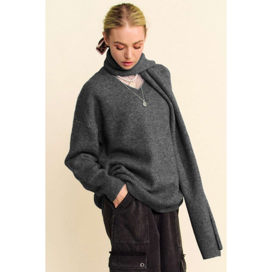 Davi & Dani V-Neck Dropped Shoulder Sweater with Scarf Set Apparel and Accessories