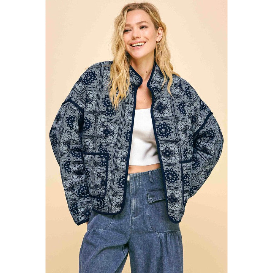 Davi & Dani Vintage Print Open Front Jacket with Pockets Apparel and Accessories