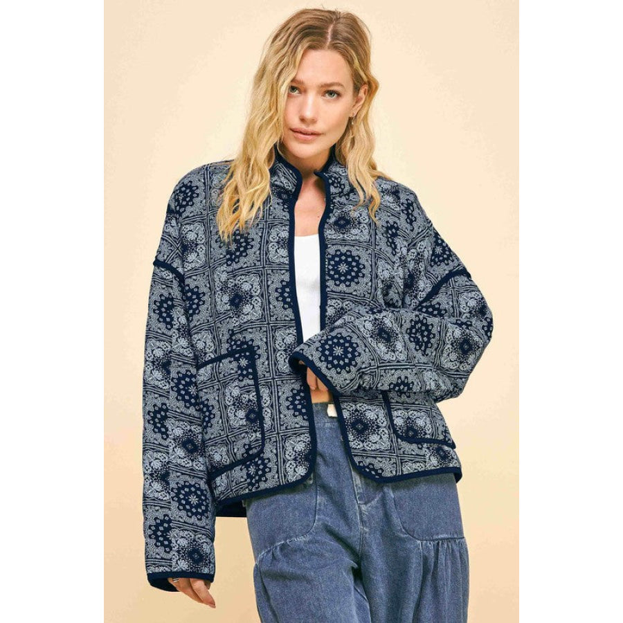 Davi & Dani Vintage Print Open Front Jacket with Pockets Black / S Apparel and Accessories