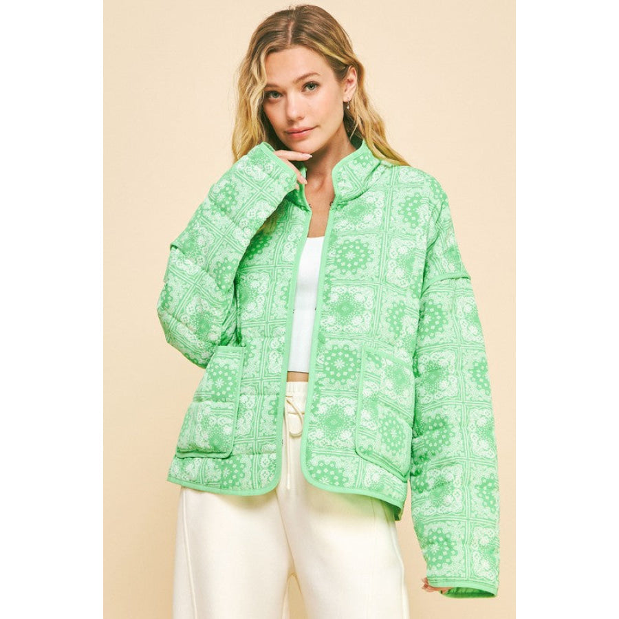 Davi & Dani Vintage Print Open Front Jacket with Pockets Neon Green / S Apparel and Accessories