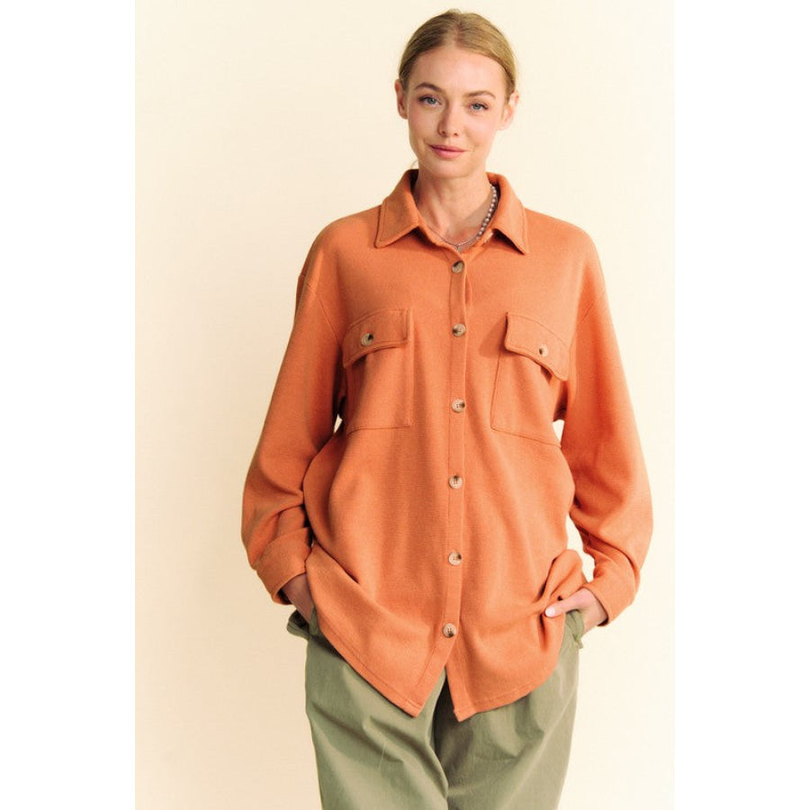 Davi & Dani Waffle-Knit Button Down Shirt Pumpkin / S Apparel and Accessories