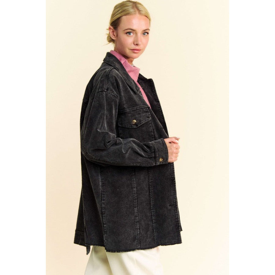Davi & Dani Washed Corduroy Raw Hem Button Up Jacket Apparel and Accessories