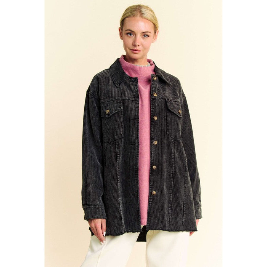 Davi & Dani Washed Corduroy Raw Hem Button Up Jacket Apparel and Accessories