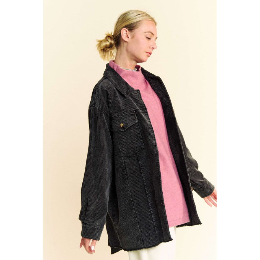 Davi & Dani Washed Corduroy Raw Hem Button Up Jacket Apparel and Accessories
