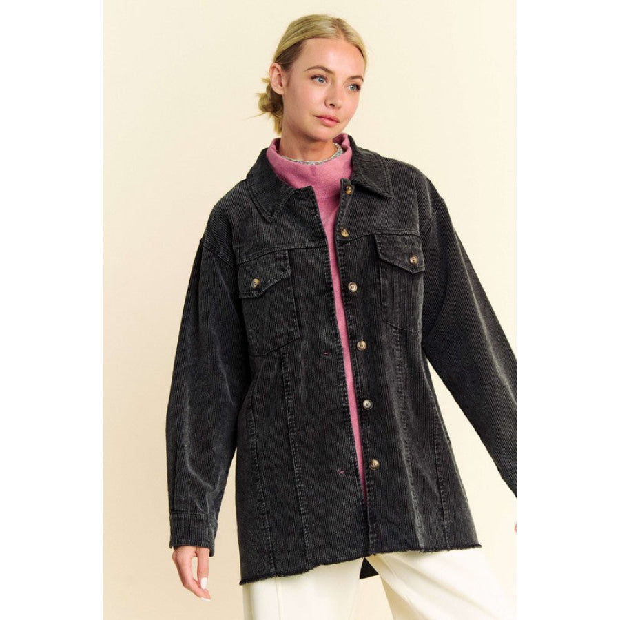 Davi & Dani Washed Corduroy Raw Hem Button Up Jacket Apparel and Accessories