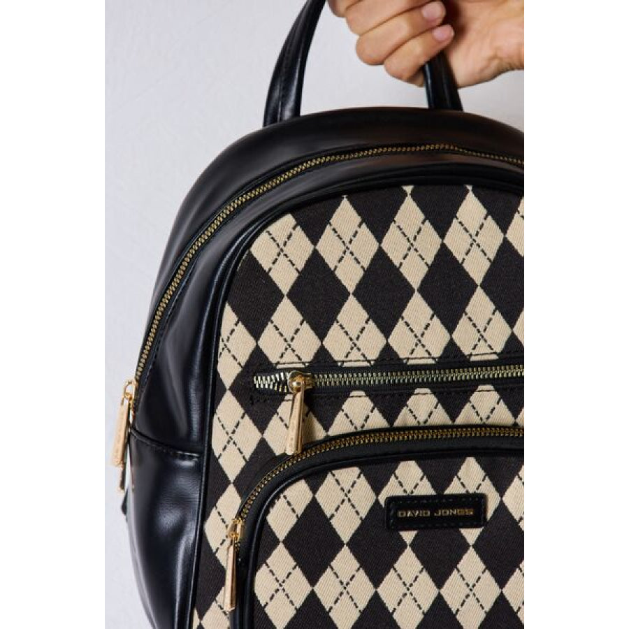 David Jones Argyle Pattern PU Leather Backpack Black / One Size Apparel and Accessories