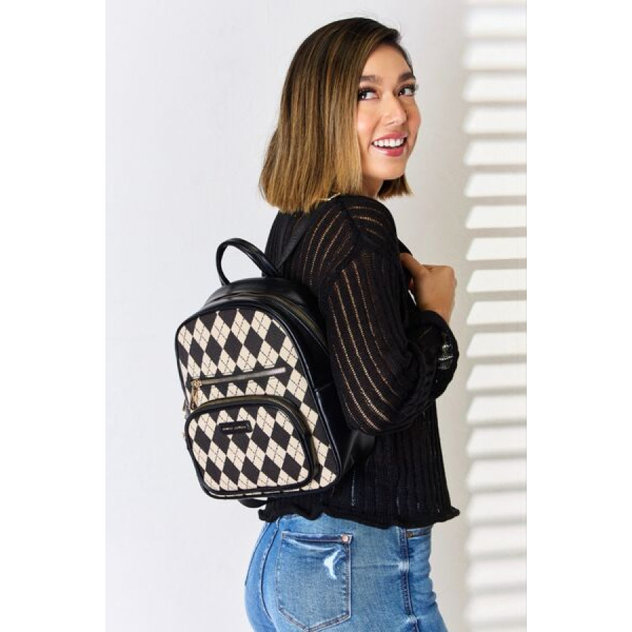 David Jones Argyle Pattern PU Leather Backpack Black / One Size Apparel and Accessories