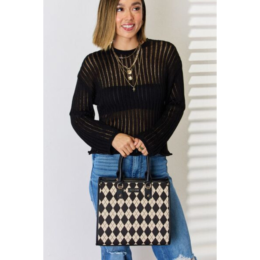 David Jones Argyle Pattern PU Leather Handbag Apparel and Accessories