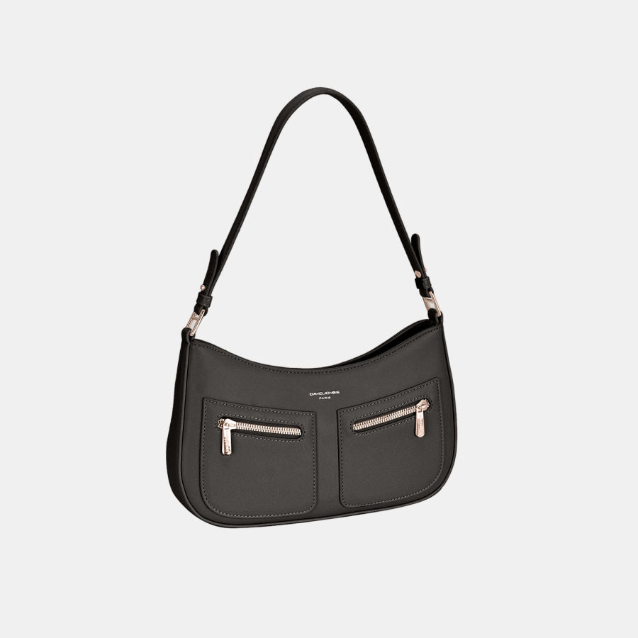 David Jones Front Double Zip Design PU Leather Shoulder Bag Black / One Size Apparel and Accessories