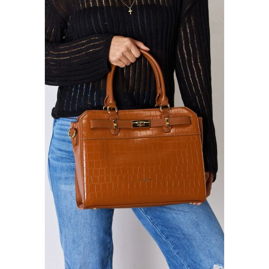 David Jones Texture PU Leather Handbag Brown / One Size Apparel and Accessories