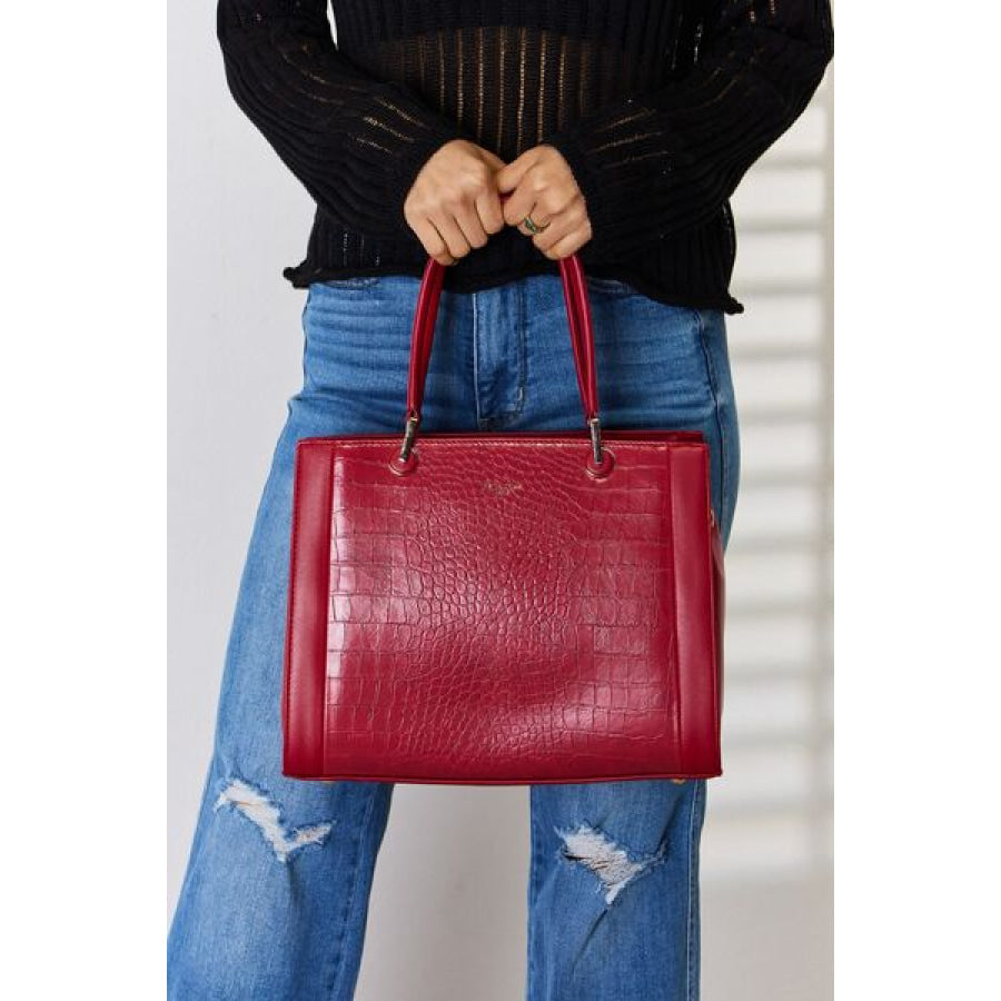 David Jones Texture PU Leather Handbag DARK RED / One Size Apparel and Accessories