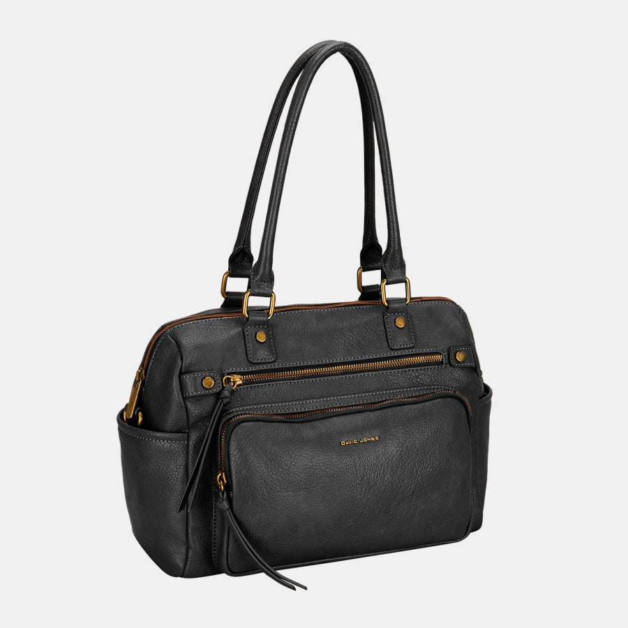 David Jones Zipper PU Leather Handbag Black / One Size Apparel and Accessories