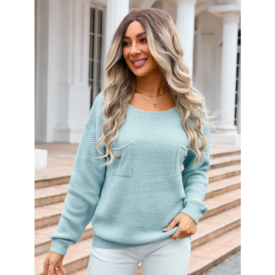 Decor Button Drop Shoulder Knit Top Air Force Blue / S Apparel and Accessories