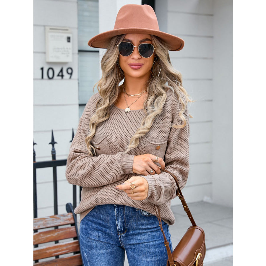 Decor Button Drop Shoulder Knit Top Apparel and Accessories