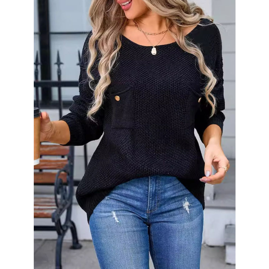 Decor Button Drop Shoulder Knit Top Black / S Apparel and Accessories