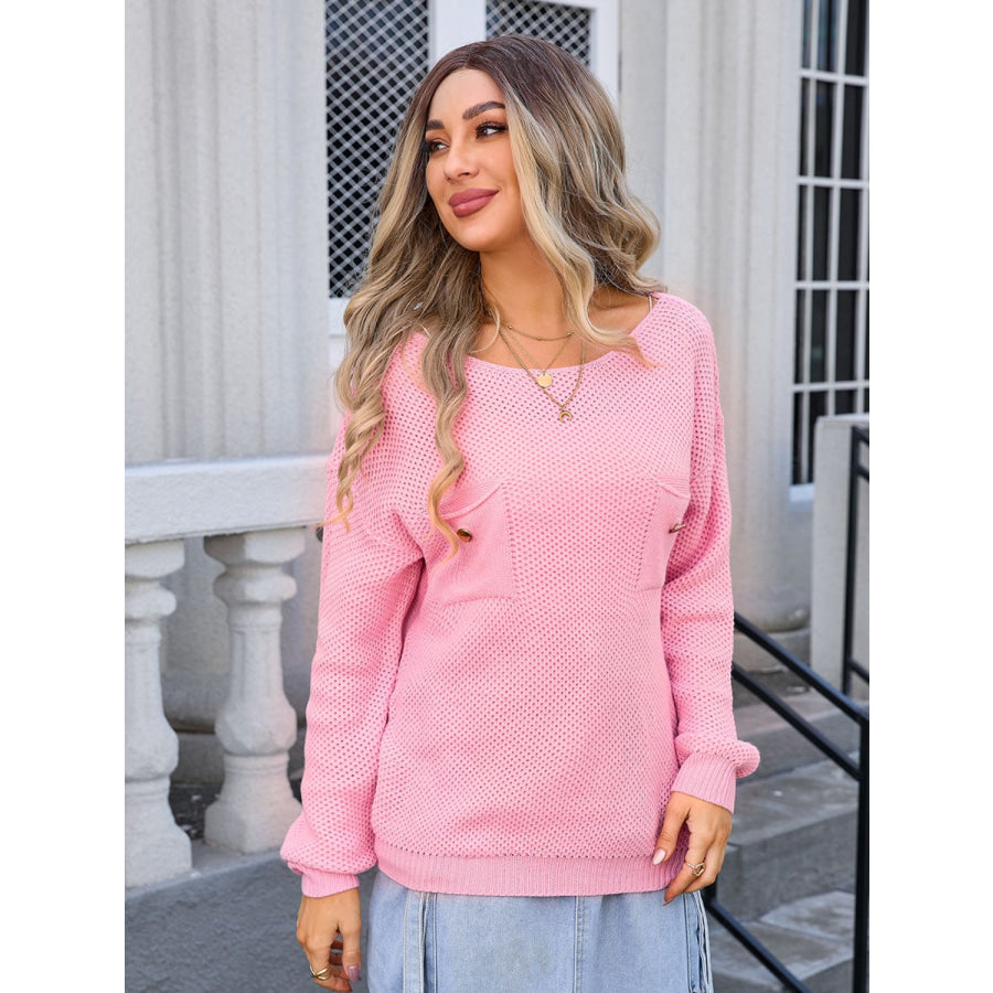 Decor Button Drop Shoulder Knit Top Dusty Pink / S Apparel and Accessories