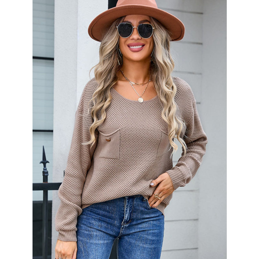 Decor Button Drop Shoulder Knit Top Khaki / S Apparel and Accessories