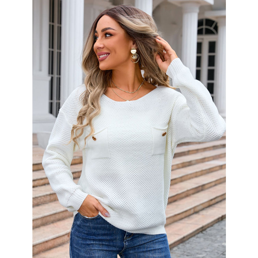 Decor Button Drop Shoulder Knit Top White / S Apparel and Accessories