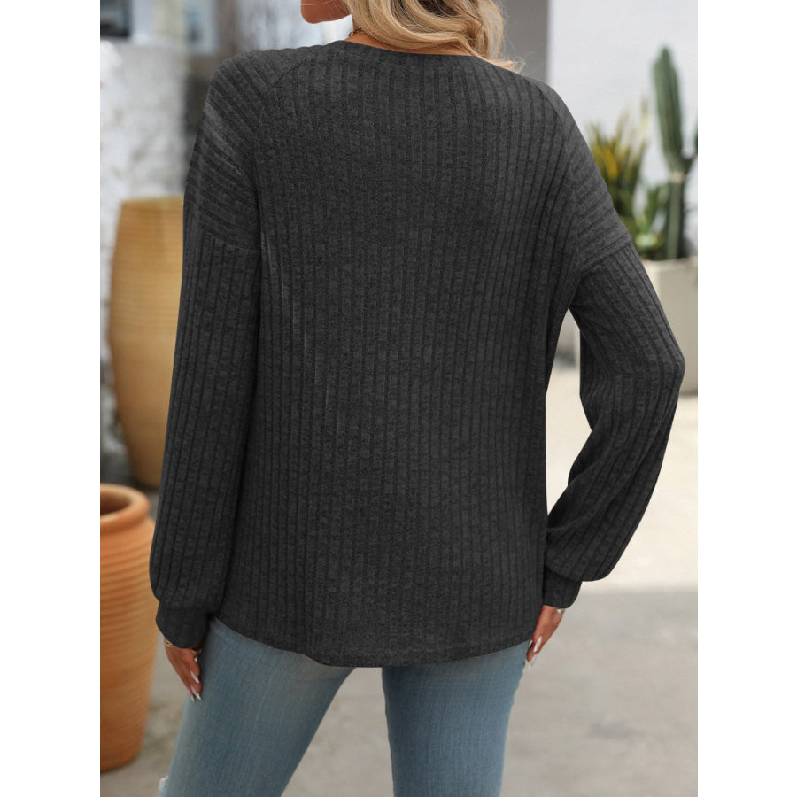 Decor Button Long Sleeve Ribbed T-Shirt Apparel and Accessories