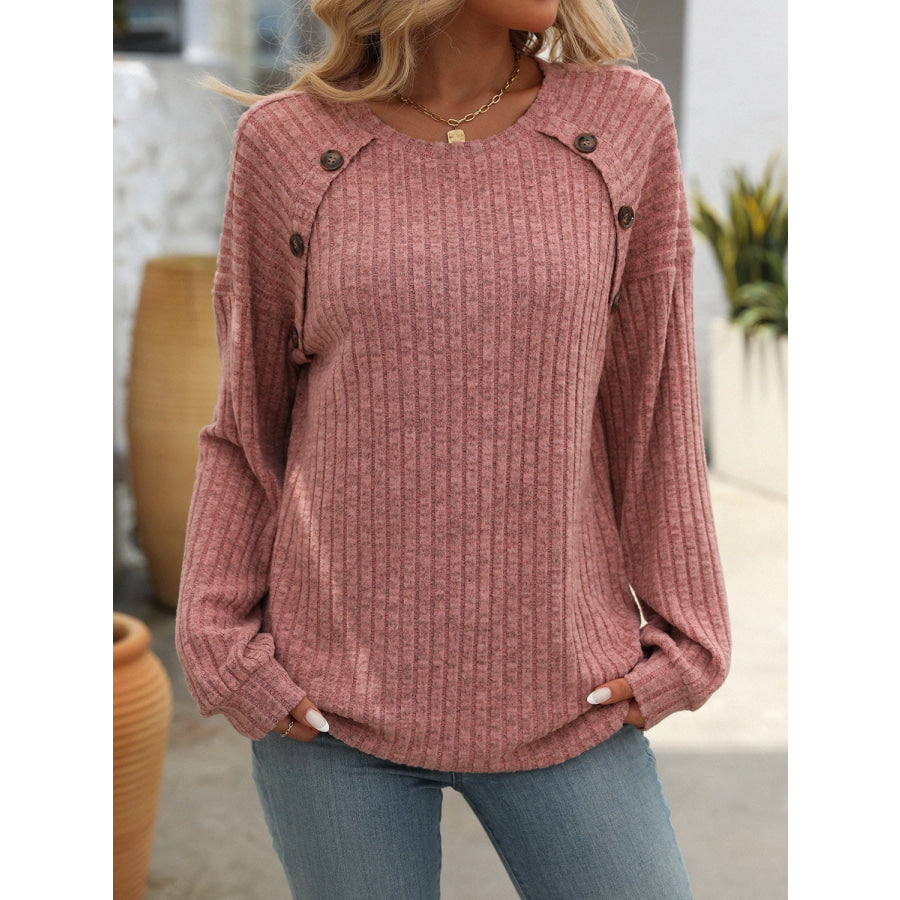 Decor Button Long Sleeve Ribbed T-Shirt Apparel and Accessories