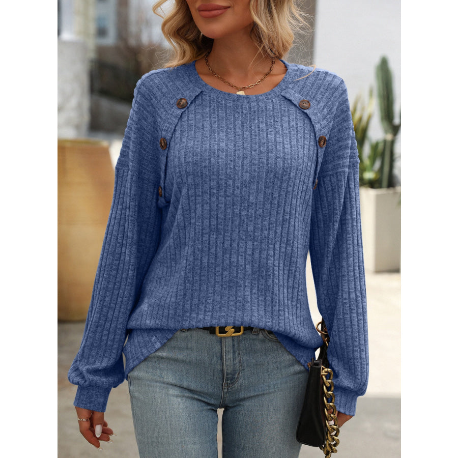 Decor Button Long Sleeve Ribbed T-Shirt Apparel and Accessories