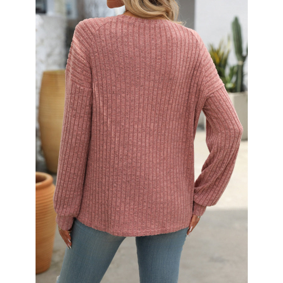 Decor Button Long Sleeve Ribbed T-Shirt Dusty Pink / S Apparel and Accessories