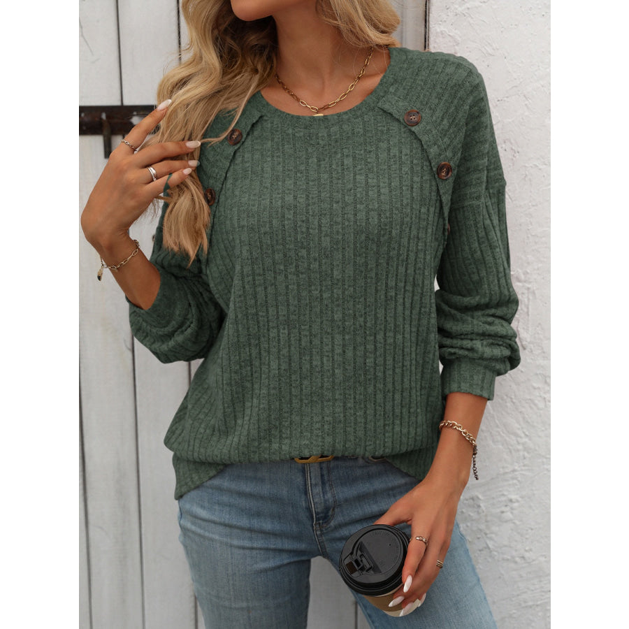 Decor Button Long Sleeve Ribbed T-Shirt Apparel and Accessories