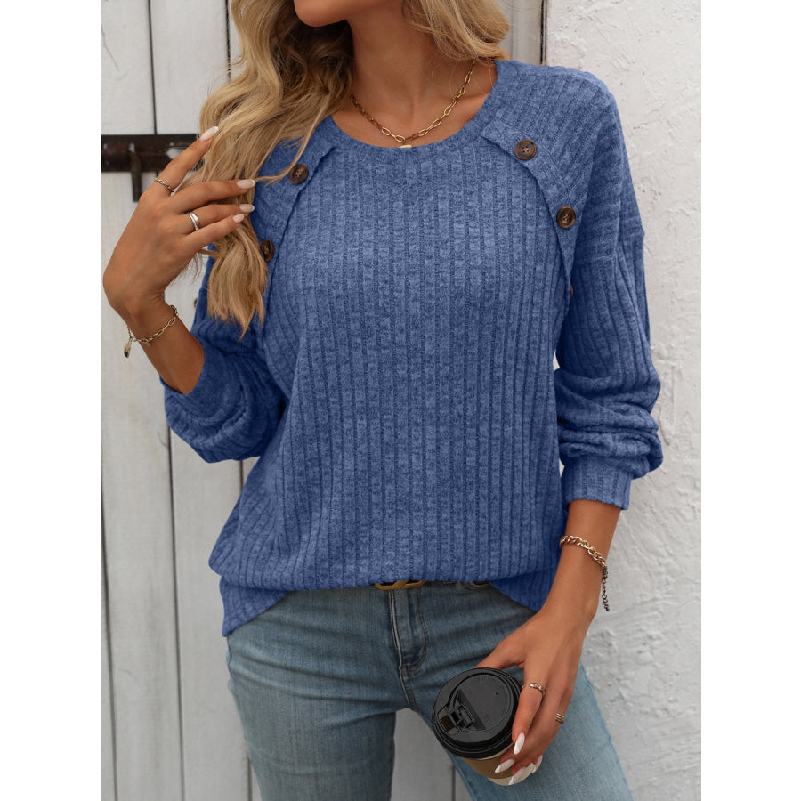 Decor Button Long Sleeve Ribbed T-Shirt Apparel and Accessories