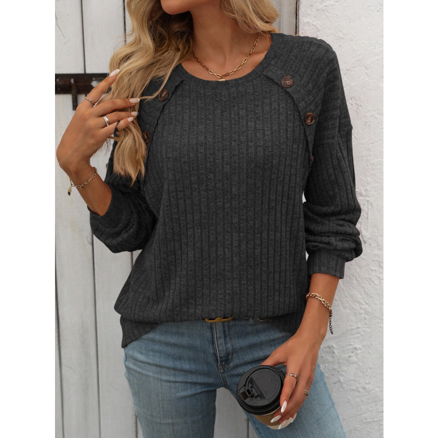 Decor Button Long Sleeve Ribbed T-Shirt Apparel and Accessories