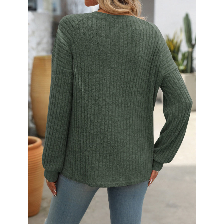 Decor Button Long Sleeve Ribbed T-Shirt Apparel and Accessories