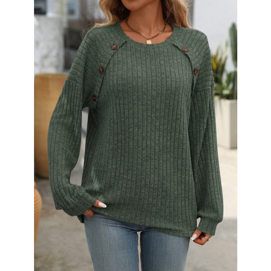 Decor Button Long Sleeve Ribbed T-Shirt Army Green / S Apparel and Accessories