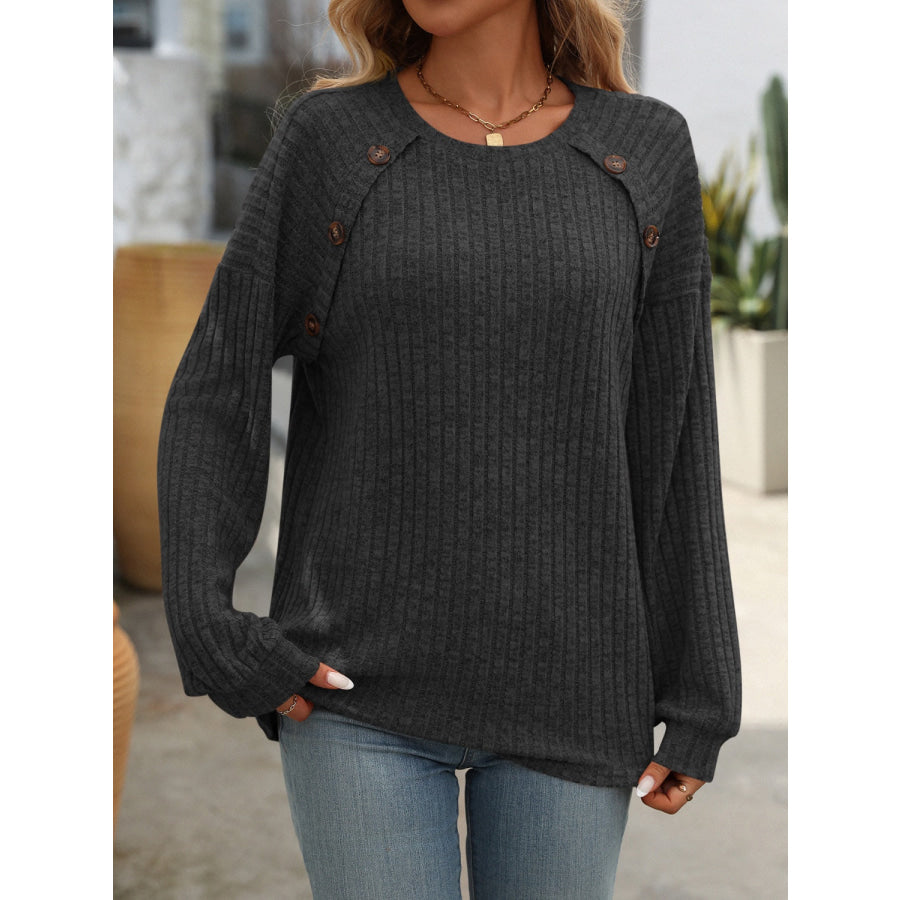 Decor Button Long Sleeve Ribbed T-Shirt Black / S Apparel and Accessories