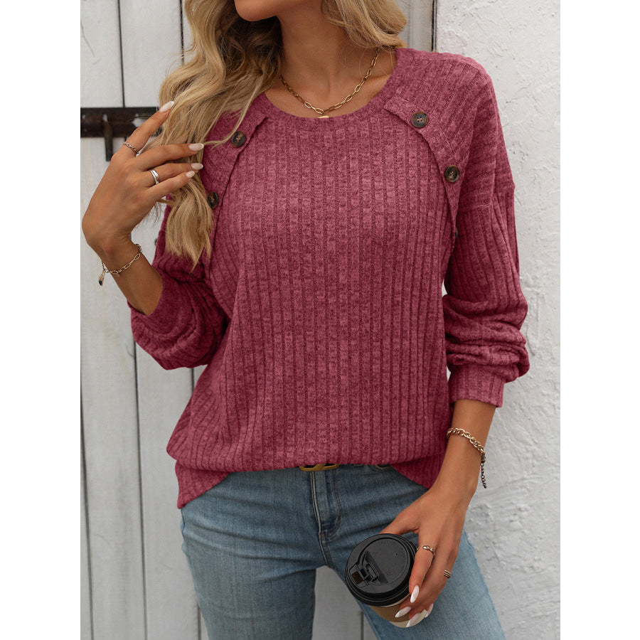 Decor Button Long Sleeve Ribbed T-Shirt Cerise / XL Apparel and Accessories
