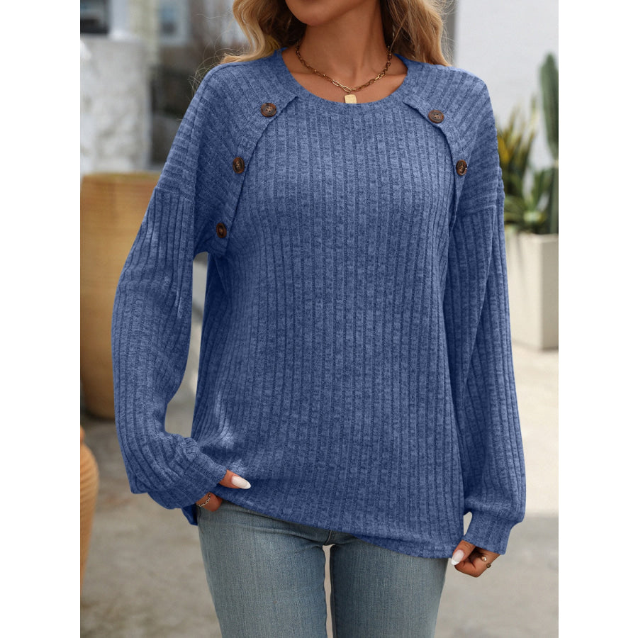 Decor Button Long Sleeve Ribbed T-Shirt Dusty Blue / S Apparel and Accessories
