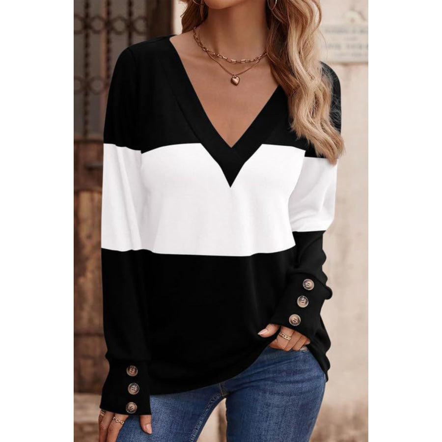 Decorative Button Contrast V-Neck Long Sleeve T-Shirt White / S Apparel and Accessories