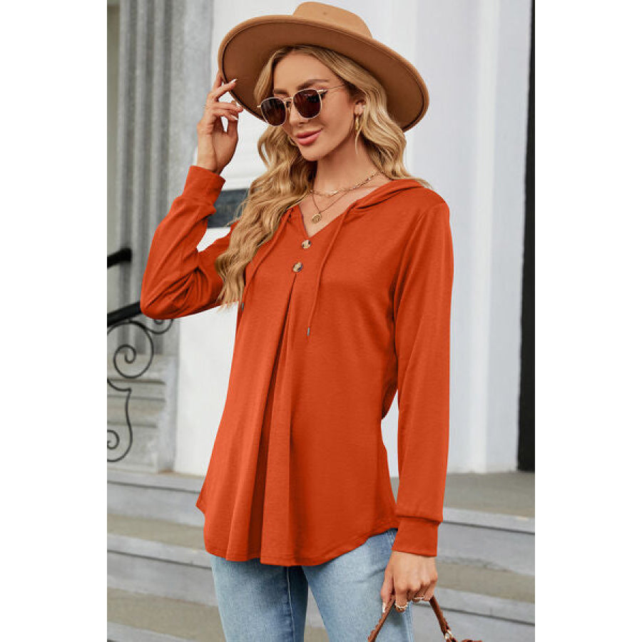 Decorative Button Drawstring Long Sleeve Hoodie Apparel and Accessories