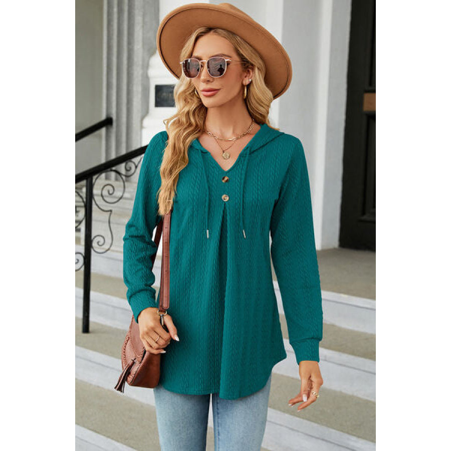 Decorative Button Drawstring Long Sleeve Hoodie Apparel and Accessories