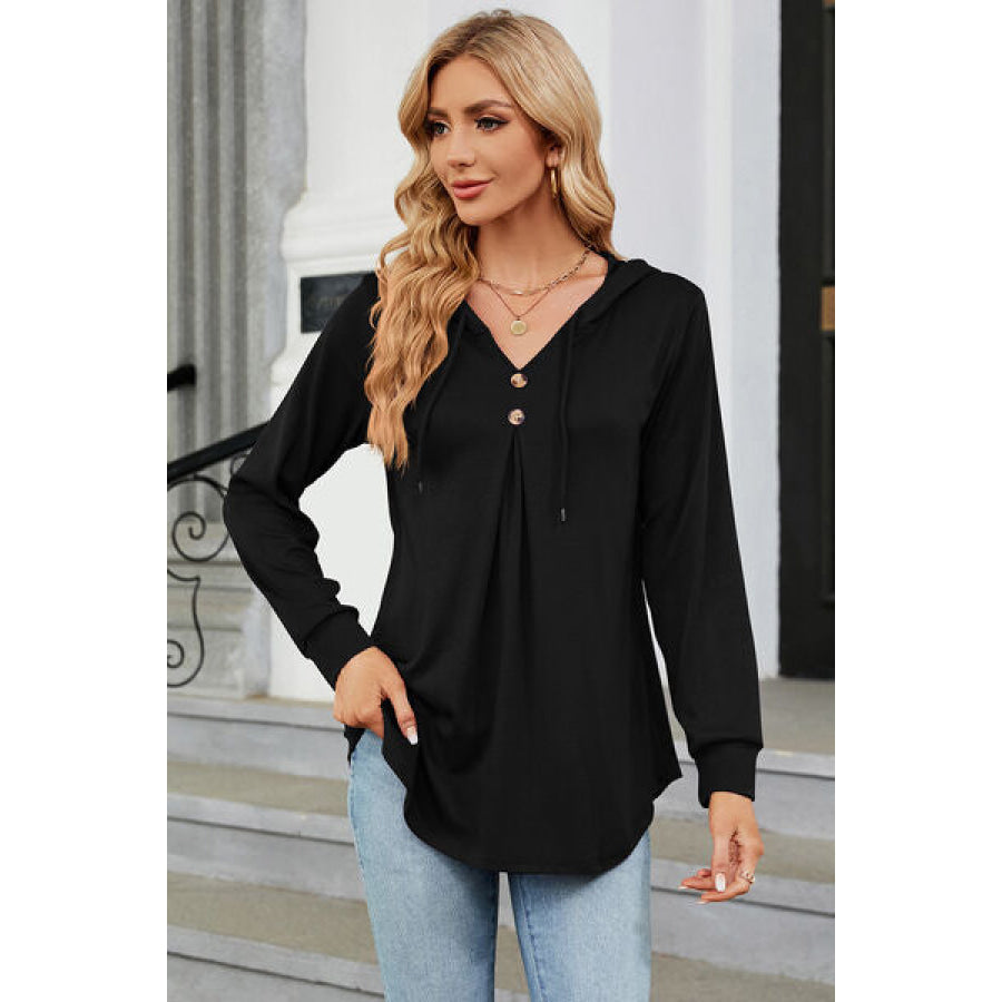Decorative Button Drawstring Long Sleeve Hoodie Black / S Apparel and Accessories