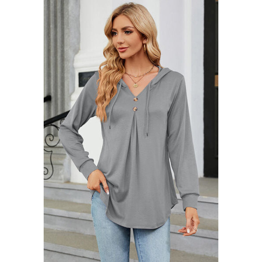 Decorative Button Drawstring Long Sleeve Hoodie Cloudy Blue / S Apparel and Accessories