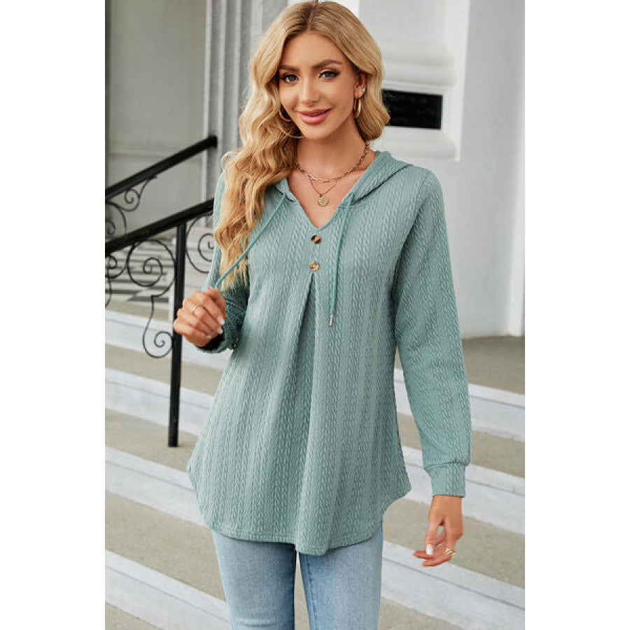 Decorative Button Drawstring Long Sleeve Hoodie Gum Leaf / S Apparel and Accessories