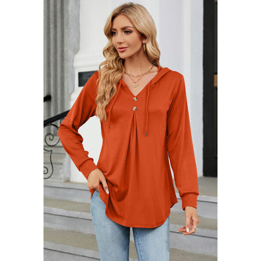 Decorative Button Drawstring Long Sleeve Hoodie Pumpkin / S Apparel and Accessories