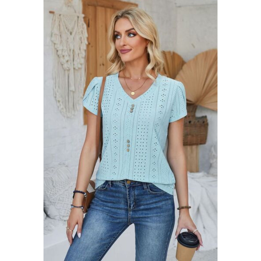 Decorative Button Eyelet V - Neck Short Sleeve T - Shirt Apparel and Accessories