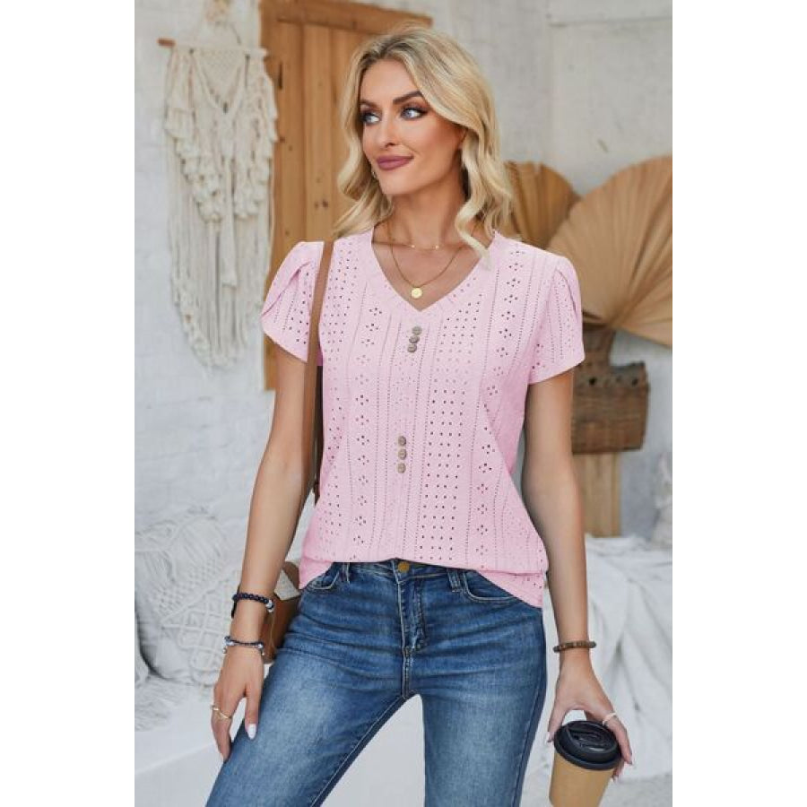 Decorative Button Eyelet V - Neck Short Sleeve T - Shirt Apparel and Accessories