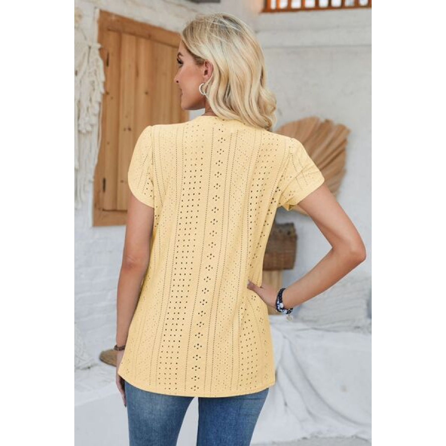 Decorative Button Eyelet V - Neck Short Sleeve T - Shirt Apparel and Accessories